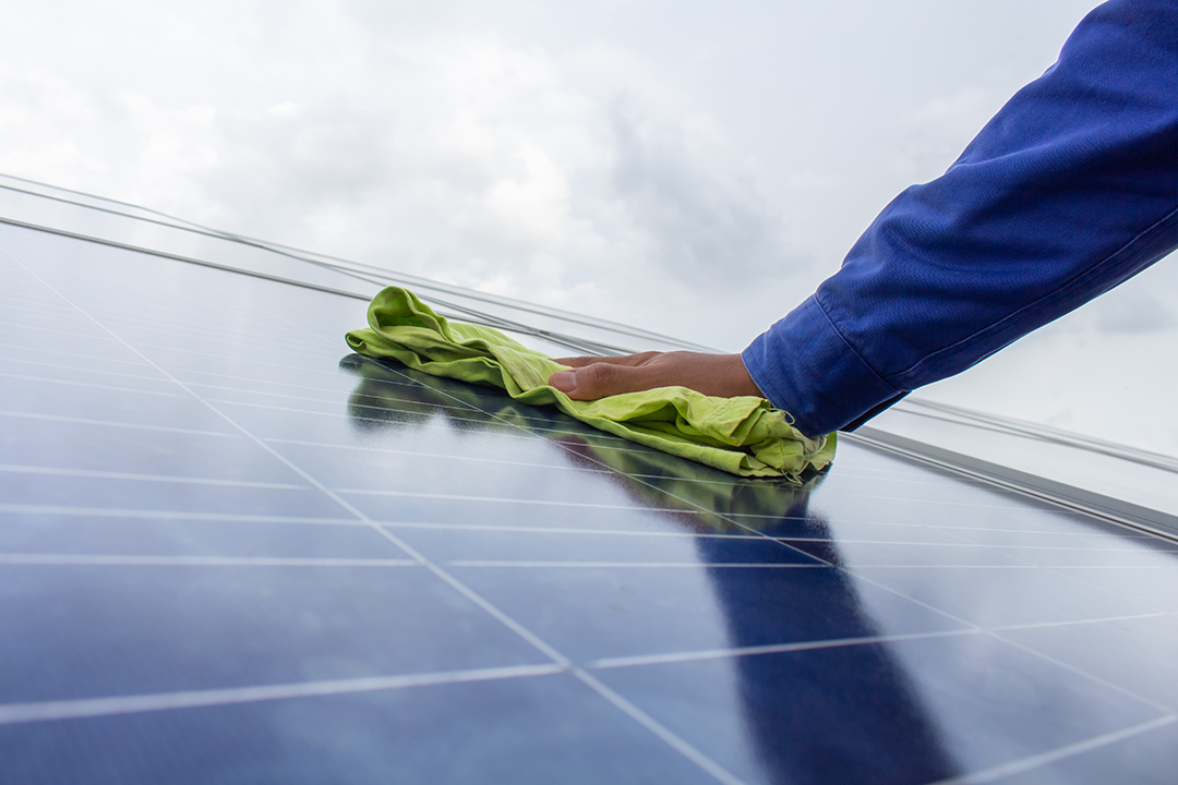 Mão com luva a limpar a superfície de um painel solar