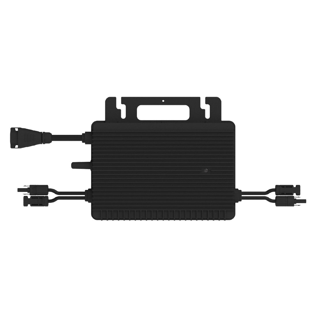 Microinversor Hoymiles HMS-800W-2T de frente, com os cabos DC e o cabo AC
