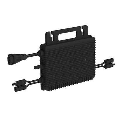 Microinversor Hoymiles HMS-800W-2T em perspetiva, com os conetores à vista